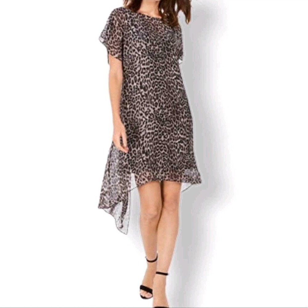 Adrianna Papell Dress Size Small Animal Print Chiffon Overlay Assymetric Short